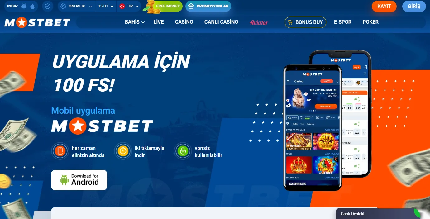 Mostbet app ana ekranı kasino ve spor bahisleri bakiyesiyle