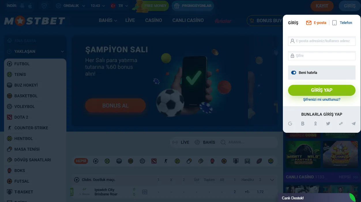 Mostbet giriş oturum açma ekranı e-posta ve şifre ile