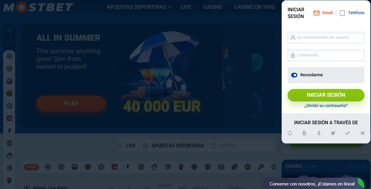 Mostbet login — pantalla de inicio de sesión con opciones de acceso