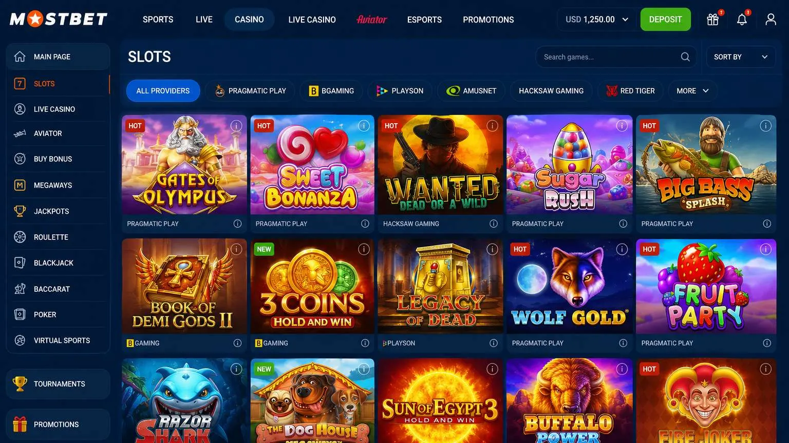 Slots, jackpots, and Bonus Buy features on Mostbet