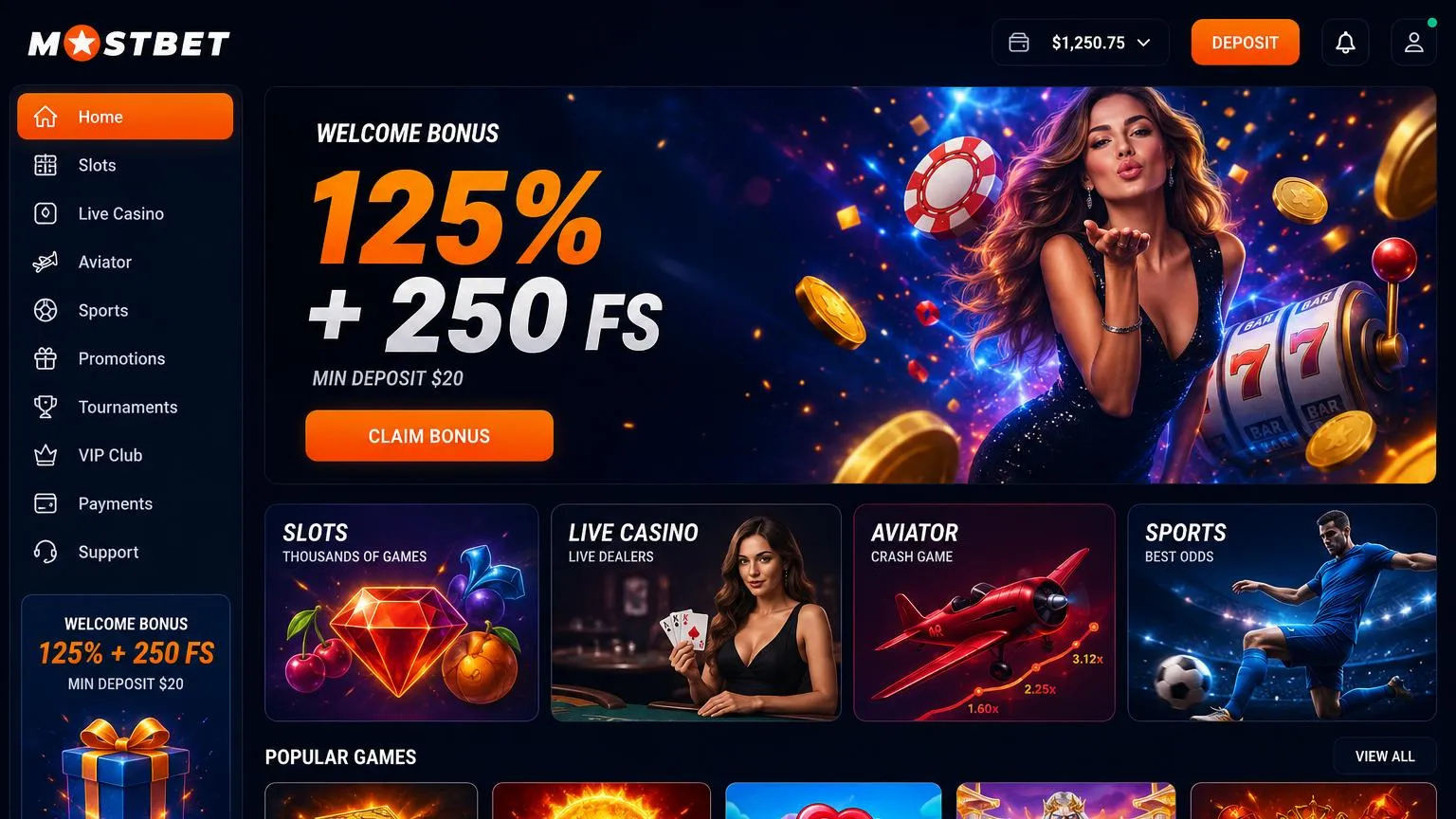 Slots, live tables, and crash games at Mostbet casino